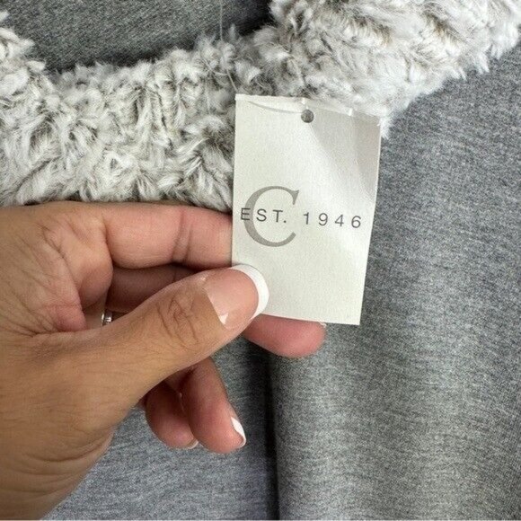 Cato Womens Size XL Gray Long Sleeve Top Off White Faux Fur Cowl Neck & Wrist - Picture 8 of 10